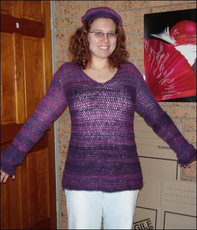 Purple crochet jumper and beret
