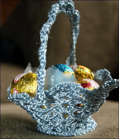 Blue crochet Easter basket - side view