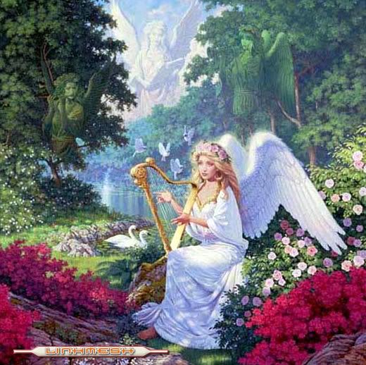 angel, jardin y arpa
